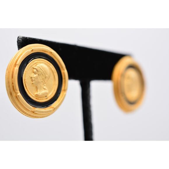 Vintage Roman Coin Earrings Brushed Gold Matte Black Enamel Chunky NOS 1980s 9E - Picture 4 of 12